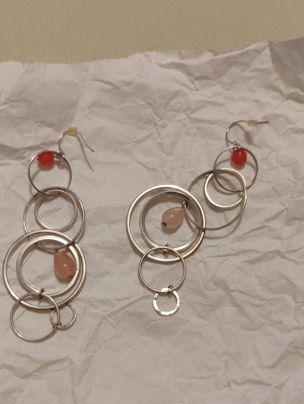 Silver Multi-Ring Drop Earrings with Pink and Red Accent